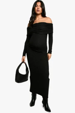 Maxi Dresses|Long Sleeve Dresses*boohoo Maternity Textured Bardot Long Sleeve Maxi Dress black