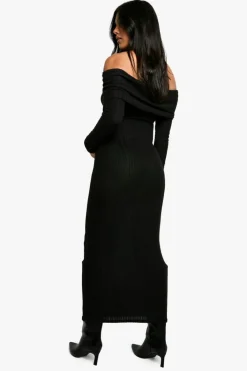 Maxi Dresses|Long Sleeve Dresses*boohoo Maternity Textured Bardot Long Sleeve Maxi Dress black