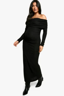 Maxi Dresses|Long Sleeve Dresses*boohoo Maternity Textured Bardot Long Sleeve Maxi Dress black