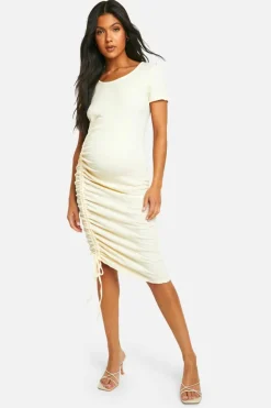Midi Dresses*boohoo Maternity Textured Short Sleeve Ruched Midi Dress cream