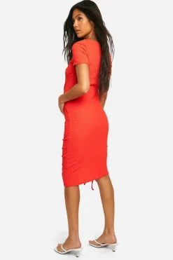 Midi Dresses*boohoo Maternity Textured Short Sleeve Ruched Midi Dress orange