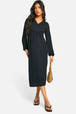 Wrap Dresses*boohoo Maternity Textured Wrap Over Long Sleeve Midaxi black
