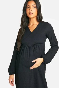 Wrap Dresses*boohoo Maternity Textured Wrap Over Long Sleeve Midaxi black