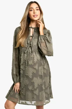 Smock Dresses*boohoo Maternity Tie Front Burn Out Long Sleeve Smock Dress dark olive