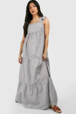 Smock Dresses*boohoo Maternity Tie Shoulder Woven Stripe Maxi Dress stone