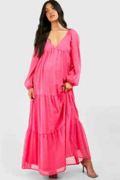 Smock Dresses*boohoo Maternity V Neck Tiered Dobby Maxi Dress pink