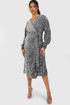 Wrap Dresses|Midi Dresses*boohoo Maternity Velvet Sequin Wrap Midi Dress silver