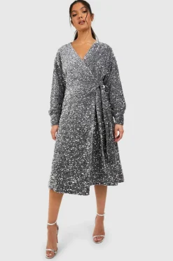 Wrap Dresses|Midi Dresses*boohoo Maternity Velvet Sequin Wrap Midi Dress silver