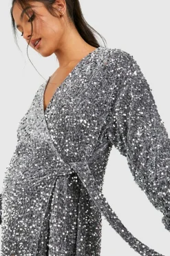 Wrap Dresses|Midi Dresses*boohoo Maternity Velvet Sequin Wrap Midi Dress silver