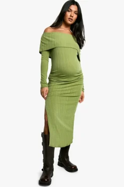 Bodycon Dresses*boohoo Maternity Wide Soft Rib Deep Bardot Long Sleeve Side Split Midaxi Dress olive