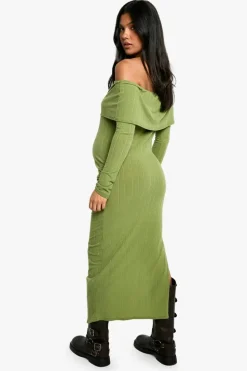 Bodycon Dresses*boohoo Maternity Wide Soft Rib Deep Bardot Long Sleeve Side Split Midaxi Dress olive
