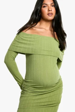 Bodycon Dresses*boohoo Maternity Wide Soft Rib Deep Bardot Long Sleeve Side Split Midaxi Dress olive