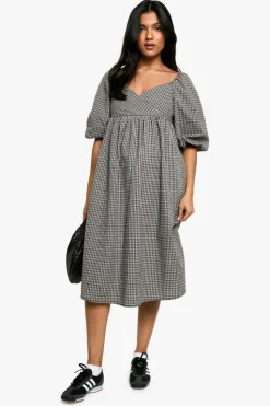 Smock Dresses|Mini Dresses*boohoo Maternity Woven Check Puff Sleeve Smock Midi Dress black