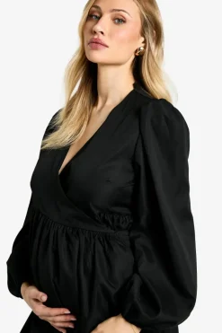 Smock Dresses|Wrap Dresses*boohoo Maternity Woven Long Sleeve Wrap Smock Dress black