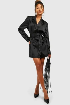 Blazer Dresses*boohoo Matte Satin Obi Tie Waist Blazer Dress black