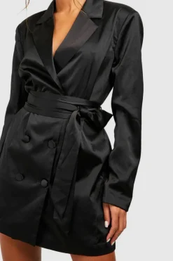 Blazer Dresses*boohoo Matte Satin Obi Tie Waist Blazer Dress black