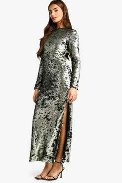 Maxi Dresses|Long Sleeve Dresses*boohoo Matte Sequin Scoop Back Column Maxi Dress gun metal