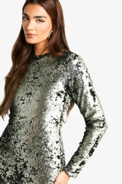 Maxi Dresses|Long Sleeve Dresses*boohoo Matte Sequin Scoop Back Column Maxi Dress gun metal