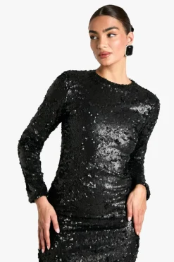 Maxi Dresses*boohoo Matte Sequin Scoop Back Column Maxi Dress black