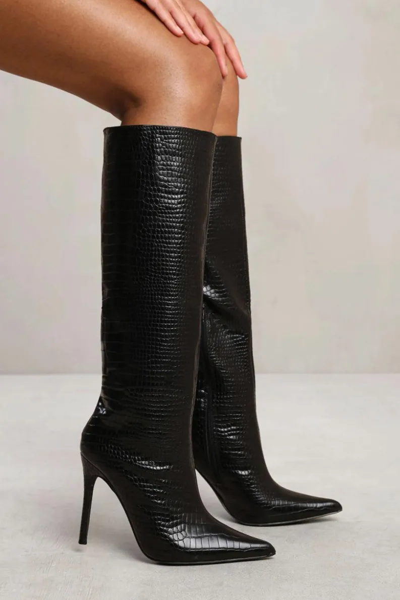 Heeled Boots|All Boots*Where's That From Maya' Below Knee High Heel Croc Boot Black