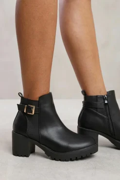 Heeled Boots|Ankle Boots*Where's That From Maylah' Mid Block Heel With Buckle Detail Stretch Ankle Boots Black