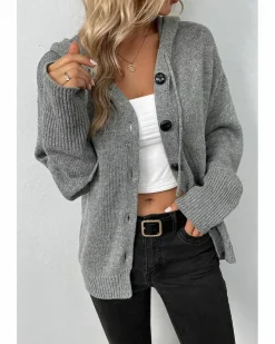 Cardigans*Azura Exchange Medium Grey Drawstring Hooded Button Up Drop Shoulder Sweater Cardigan Multi