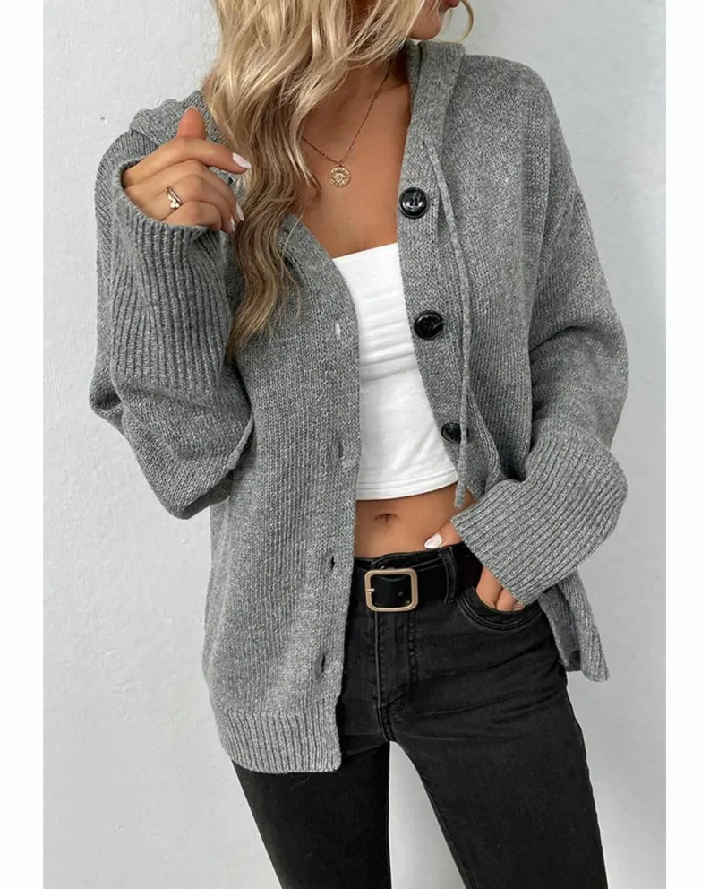 Cardigans*Azura Exchange Medium Grey Drawstring Hooded Button Up Drop Shoulder Sweater Cardigan Multi