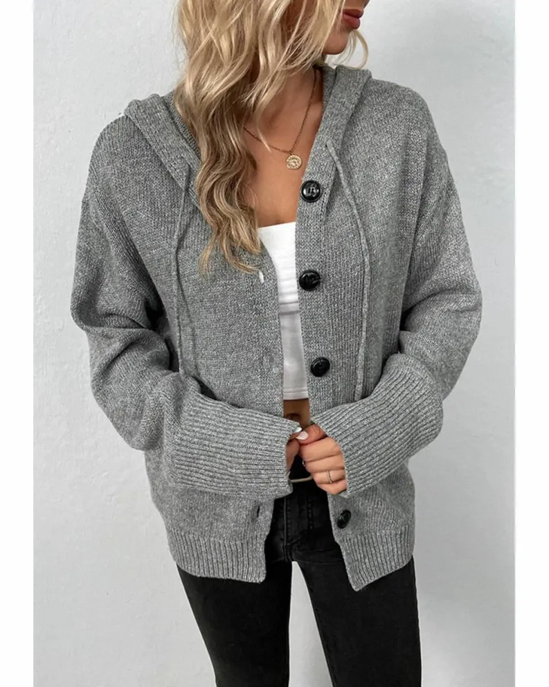 Cardigans*Azura Exchange Medium Grey Drawstring Hooded Button Up Drop Shoulder Sweater Cardigan Multi