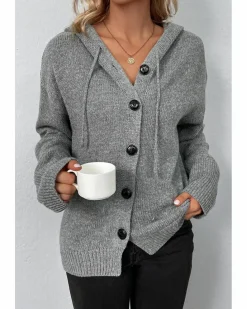 Cardigans*Azura Exchange Medium Grey Drawstring Hooded Button Up Drop Shoulder Sweater Cardigan Multi
