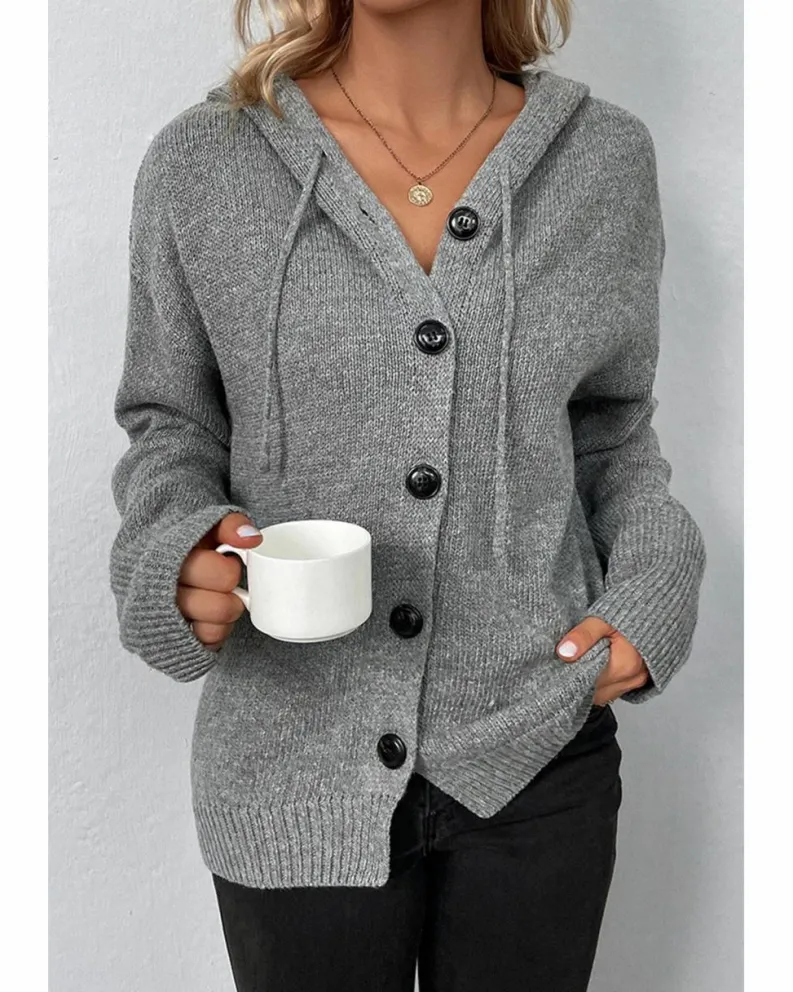 Cardigans*Azura Exchange Medium Grey Drawstring Hooded Button Up Drop Shoulder Sweater Cardigan Multi