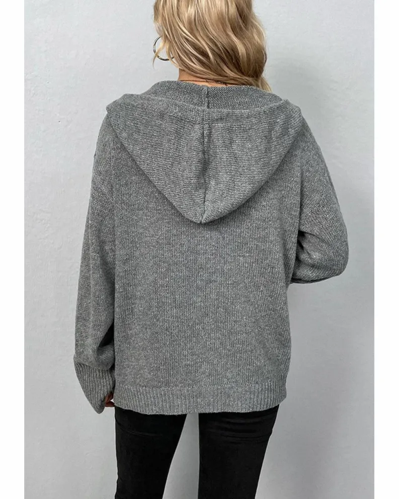Cardigans*Azura Exchange Medium Grey Drawstring Hooded Button Up Drop Shoulder Sweater Cardigan Multi