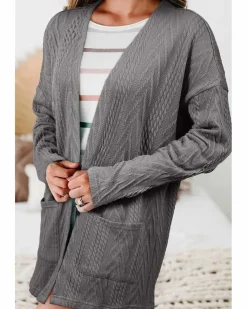 Cardigans*Azura Exchange Medium Grey Solid Textured Open Front Cardigan with Pocket Multi