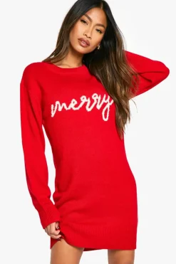 Jumper Dresses|Jumper Dresses*boohoo Merry Slogan Christmas Jumper Dress red