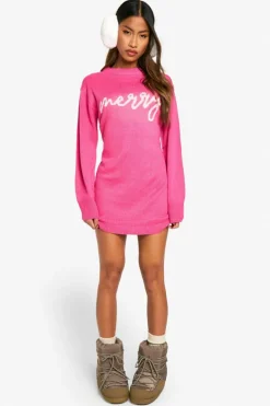 Jumper Dresses|Jumper Dresses*boohoo Merry Slogan Christmas Jumper Dress pink