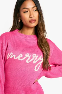 Jumper Dresses|Jumper Dresses*boohoo Merry Slogan Christmas Jumper Dress pink