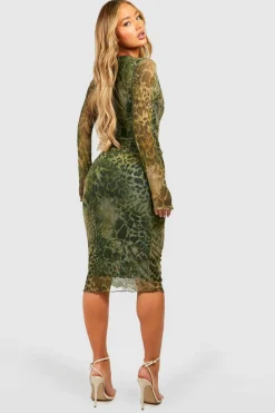 Midi Dresses*boohoo Mesh Animal Print Midi Dress khaki