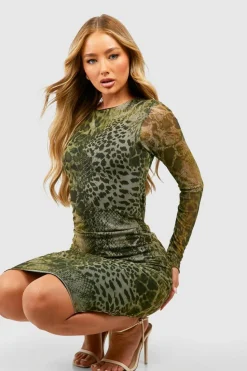 Midi Dresses*boohoo Mesh Animal Print Midi Dress khaki