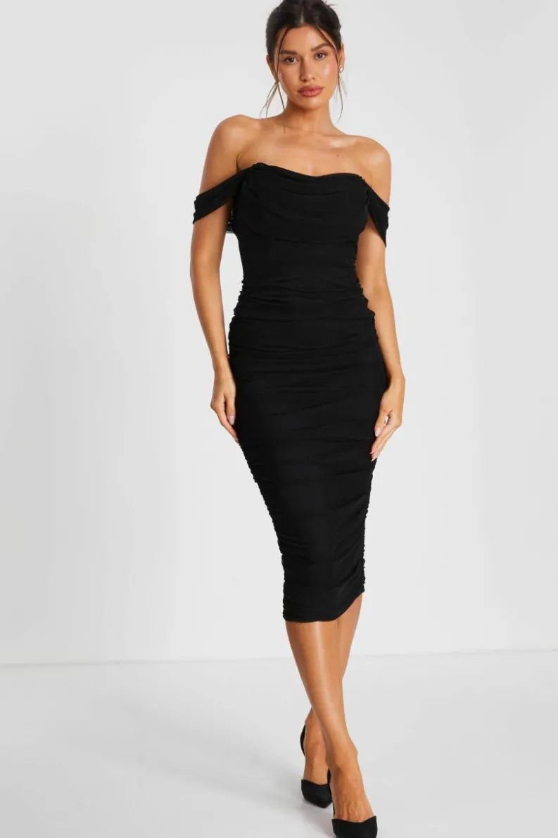 Midi Dresses*Quiz Mesh Bardot Ruched Midi Dress Black