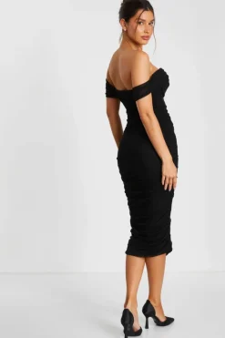 Midi Dresses*Quiz Mesh Bardot Ruched Midi Dress Black