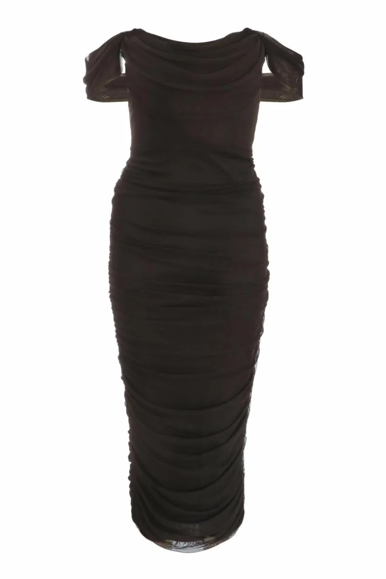 Midi Dresses*Quiz Mesh Bardot Ruched Midi Dress Black