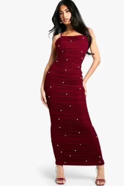 Bodycon Dresses*boohoo Mesh Beaded Detail Ruched Maxi Dress plum