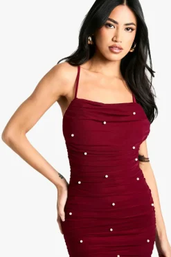 Bodycon Dresses*boohoo Mesh Beaded Detail Ruched Maxi Dress plum