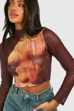 Long Sleeve Tops*boohoo Mesh Body Print Long Sleeve Top brown