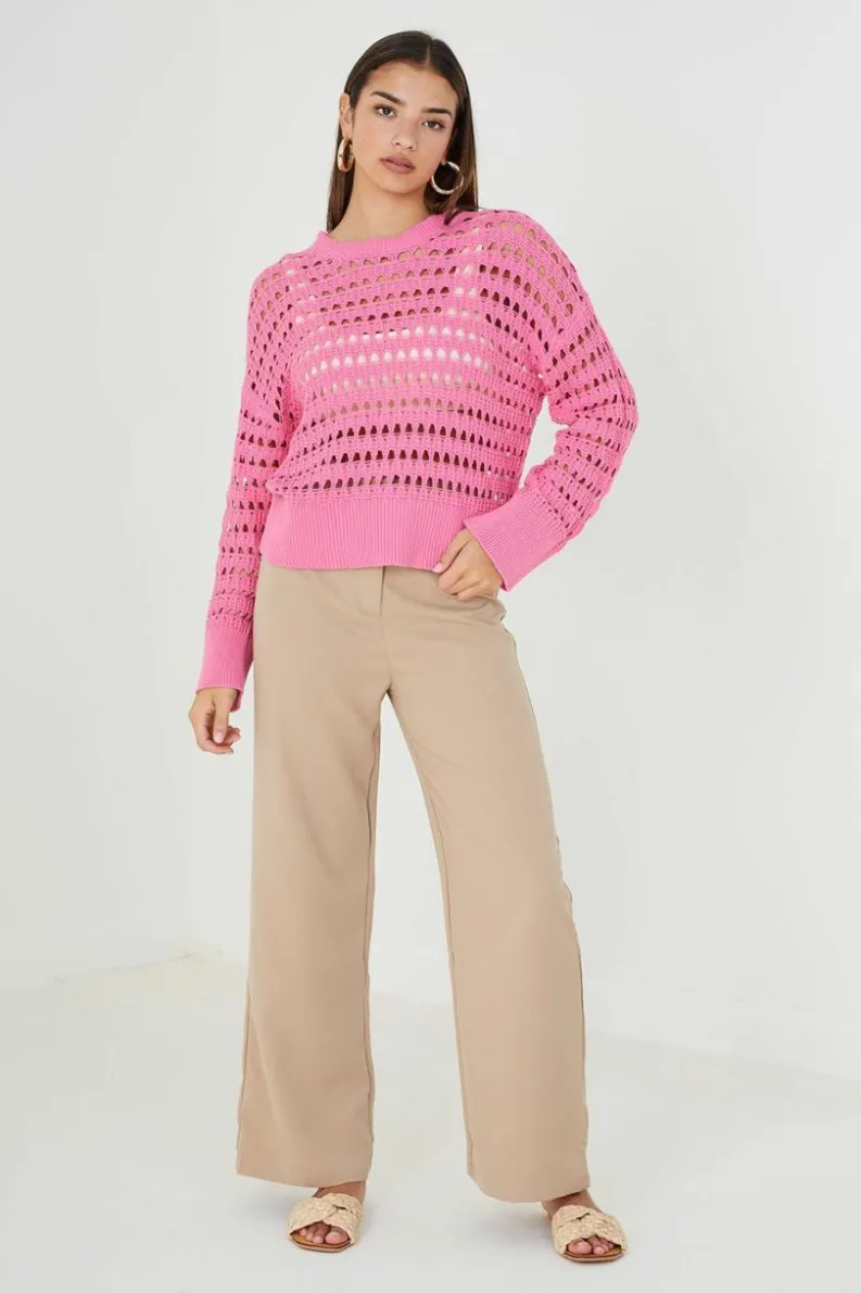 Oversized Jumpers*Brave Soul Mesh Cropped Oversized Jumper Pink