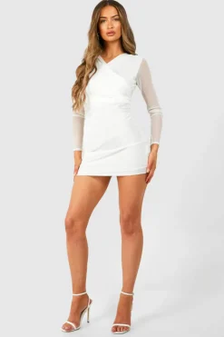 Bodycon Dresses*boohoo Mesh Cross Over Ruched Mini Dress white