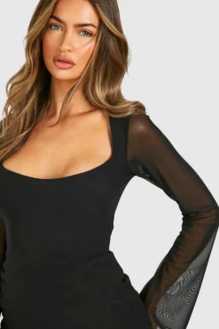 Bodycon Dresses|Mini Dresses*boohoo Mesh Flare Sleeve Mini Dress black