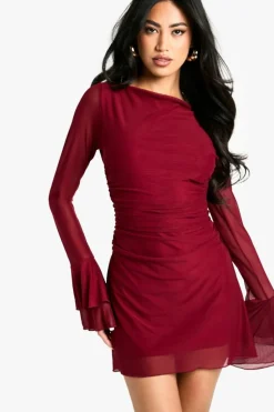 Skater Dresses|Mini Dresses*boohoo Mesh Flare Sleeve Mini Dress wine