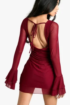 Skater Dresses|Mini Dresses*boohoo Mesh Flare Sleeve Mini Dress wine