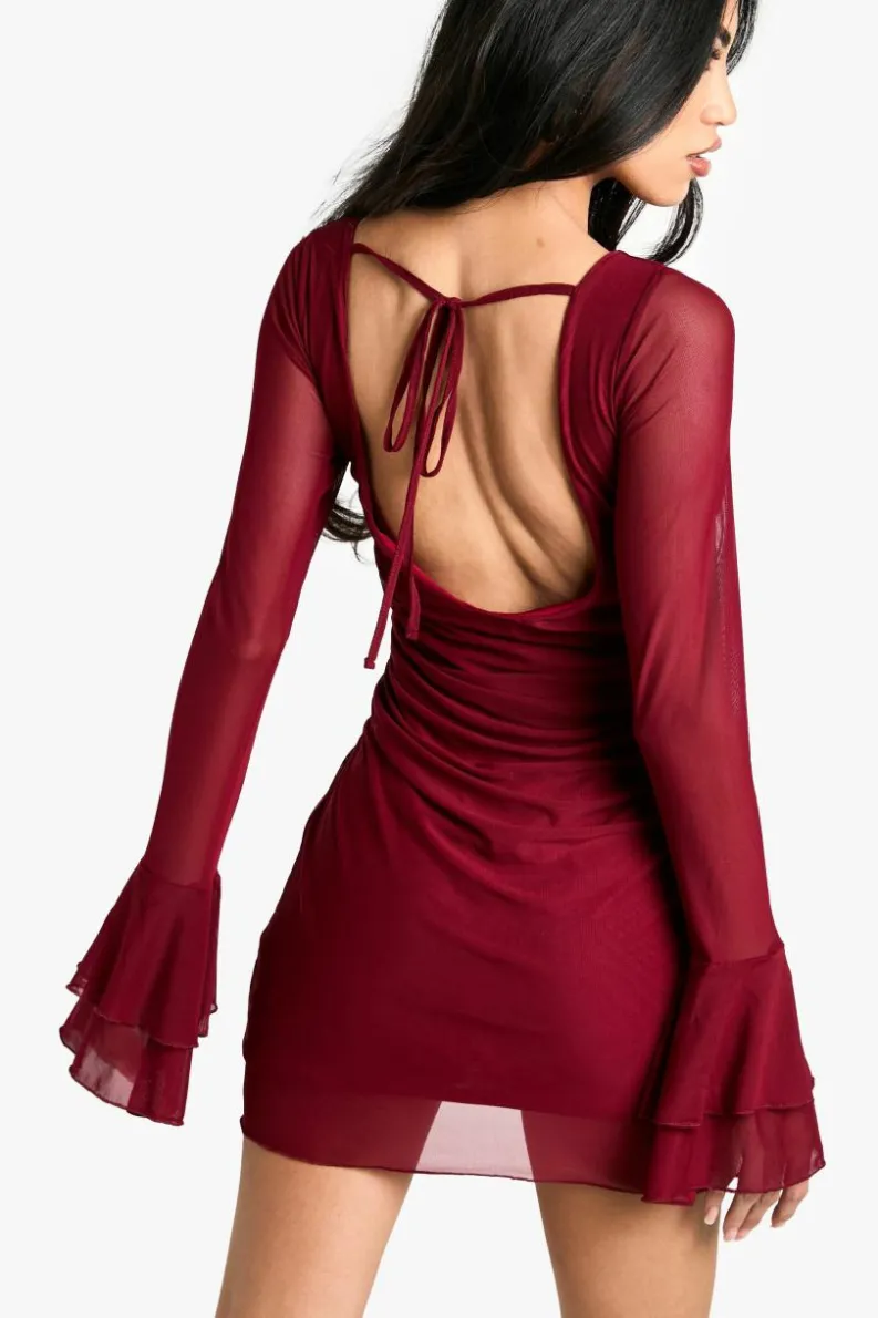 Skater Dresses|Mini Dresses*boohoo Mesh Flare Sleeve Mini Dress wine