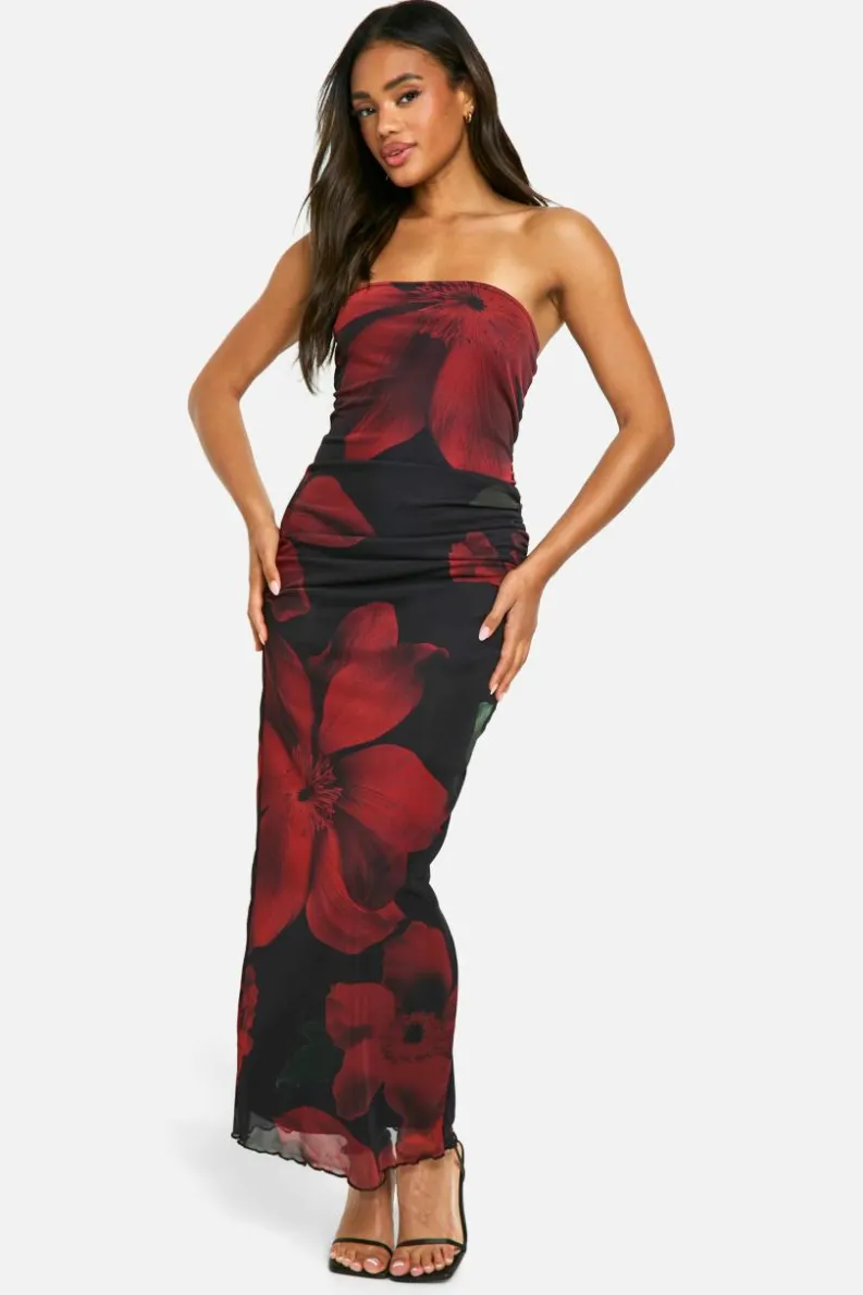 Maxi Dresses*boohoo Mesh Flower Print Bandeau Maxi Dress natural black